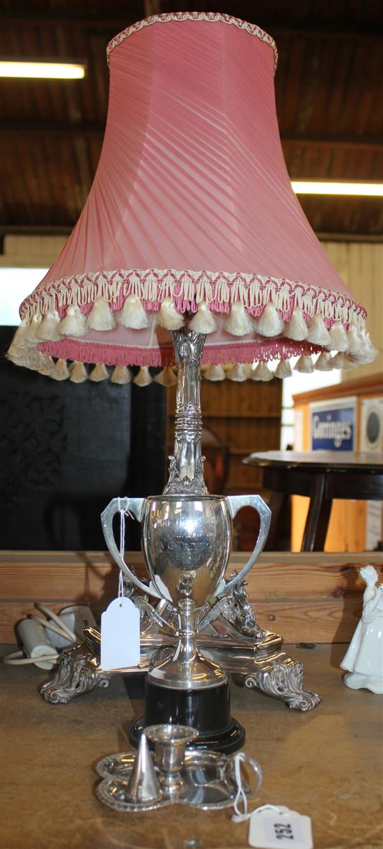 Vict plated candelabrum gryphon table lamp,  George VI silver  presentation cup & quatrefoil candlestick & snuffer (3)